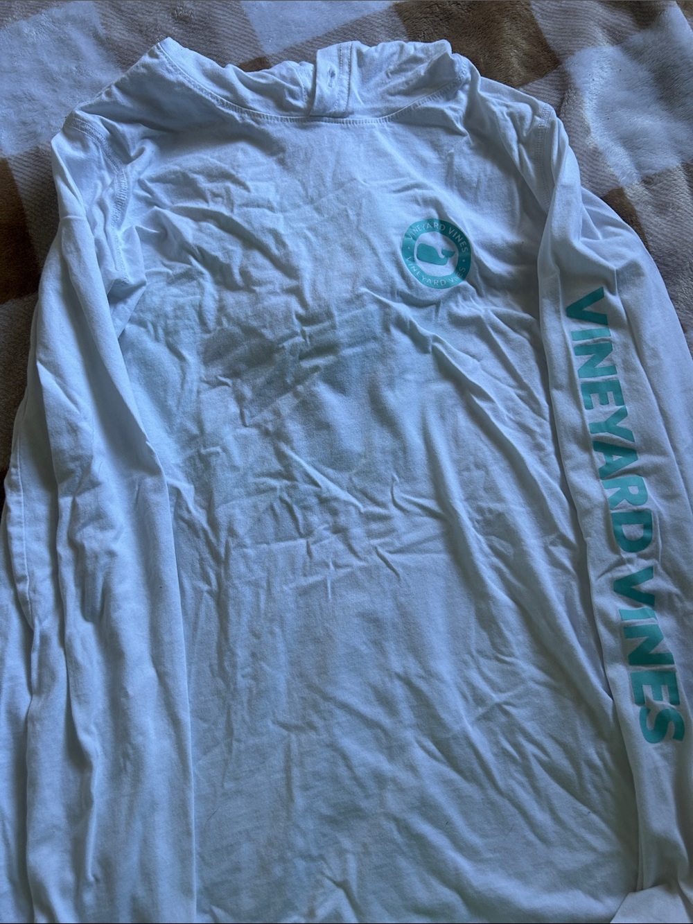 Vineyard Vines White Long Sleeve Tee with Teal Logo and Sleeve Text